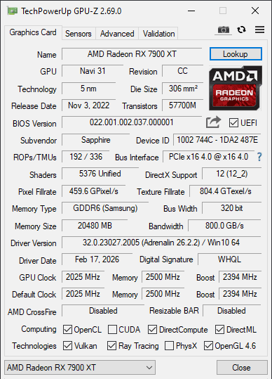Soubor:GPUZ-Radeon RX 7900 XT-2026.png