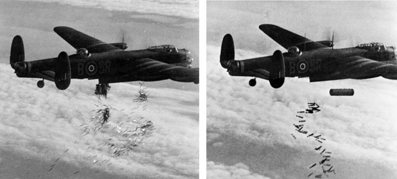 Soubor:Lancaster I NG128 Dropping Load - Duisburg - Oct 14 - 1944.jpg