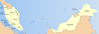 Mapa malajských spolkových států a teritorii