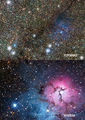 Comparison of the Trifid Nebula in visible and infrared light ESO.jpg