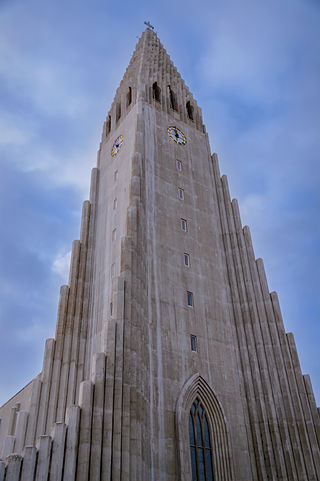 View of the steeple of the Hallgrímskirkja Lutheran Church in Reykjavík.