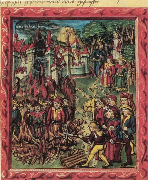 Soubor:Medieval manuscript-Jews identified by rouelle are being burned at stake.jpg