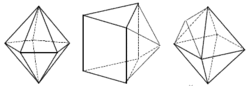 Zleva pentagonální bipyramida, očepičkované trigonální prizma a očepičkovaný oktaedr