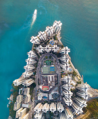 Letecký pohled na poloostrov v Hongkongu.