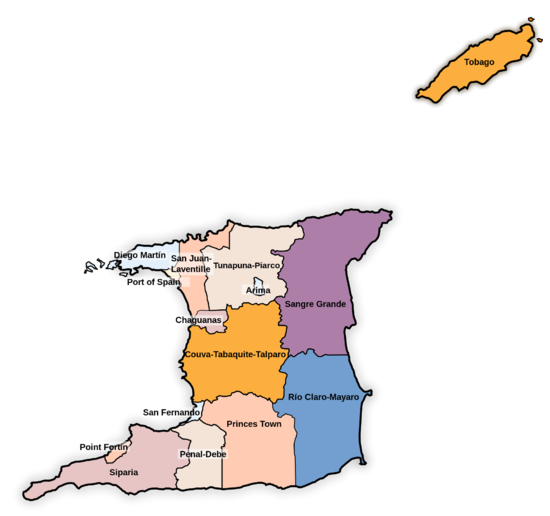 Mapa administrativního rozdělení státu Trinidad a Tobago
