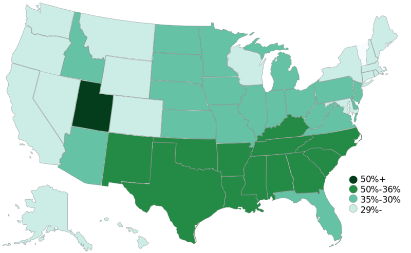Soubor:Church or synagogue attendance by state Gallup 2015.png
