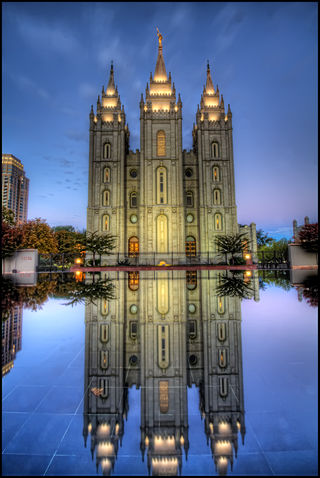 LDS Temple from the oval reflecting pool. Taken just after sunrise (Salt Lake City).